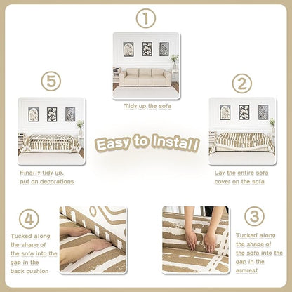 MEETSKY Boho Couch Covers for 2 Cushion Couch Sofa, Sofa Covers Washable Couch Cover for Sectional Sofa, Chenille Couch Protector for Kids, Dogs, Khaki