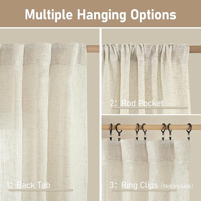 LAMIT 68 inch Semi Sheer Linen Curtains 2 Panels Set, Cream Ivory Light Filtering Panels Back Tab and Rod Pocket Neutral Drapes for Kitchen/Window/Sliding Glass Door, 52 x 68 Inch