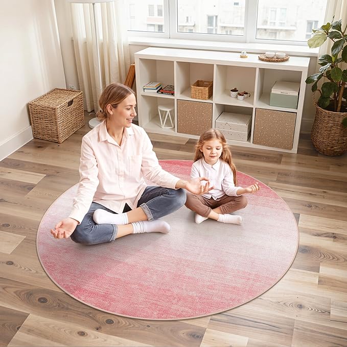 Wonnitar Modern Ombre Pink 5ft Round Rug, Non-Slip Washable Living Room Rugs, Soft Round Bathroom Throw Mat, Large Bedroom Circle Accent Carpet for Nursery Den Bedside (Pink, Round 5ft)