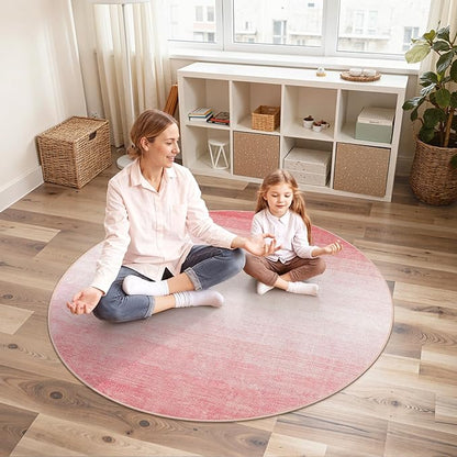 Wonnitar Modern Ombre Pink 5ft Round Rug, Non-Slip Washable Living Room Rugs, Soft Round Bathroom Throw Mat, Large Bedroom Circle Accent Carpet for Nursery Den Bedside (Pink, Round 5ft)