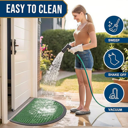 Smiry Half Circle Front Door Mat Outside Entrance, Heavy Duty Sturdy Natural Rubber Doormat, Trap Dirt and Moisture, Low Profile Mats for Indoor Outdoor Entry, Irregular Triangle (29.5x17, Green)