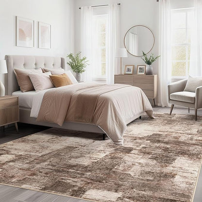 Abstract Living Room Rug 10x14 - Modern Washable Soft Thin Area Rug for Living Room Bedroom Under Dining Table - Neutral Indoor Floor Rug Carpets for Home Office Playroom Nursery - Brown