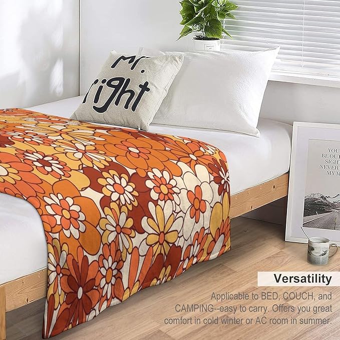 Vintage 70s Throw Blanket, Boho Hippie Bright Orange Flowers Groovy Abstract Funny Art Print Blanket for Couch Sofa Bed 50"x60"