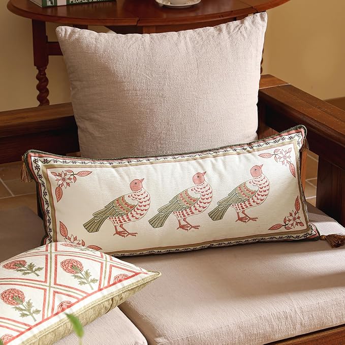 Rectangle Throw Pillow Covers,Brown Cozy Velvet Farmhouse with Birds and Floral Pattern Pillowcases,Decor Long Lumbar Pillows Cushion Covers for Couch Sofa Bed Car Chair,12"x28"