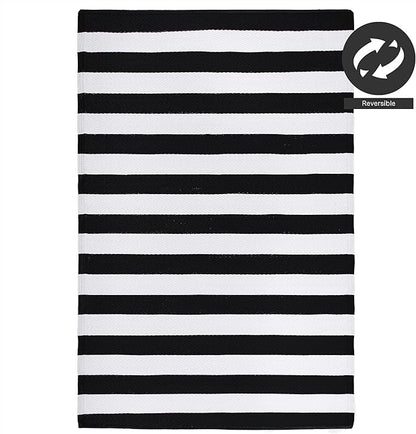 FH Home Outdoor Rug - Waterproof, Fade Resistant, Reversible - Premium Recycled Plastic - Striped - Large Patio, Deck, Sunroom, Camping, RV - Brittany Stripe - Black & White Crease Free - 5 x 8 ft