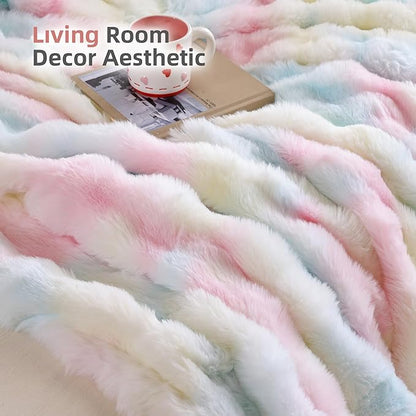 Smoofy Faux Fur Throw Blanket for Couch – Rainbow Fluffy Cozy Rabbit Fleece, Plush Soft Bubble Blanket for Sofa & Bed, for Mom, Warm Fuzzy Home Room Decor Throw 50" x 60"