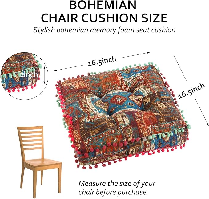 Bohemian Seat Cushion，Indoor & Outdoor 16.5" x 16.5" Seating Cushion for Dinning Chairs, Decorative with Tassels(4Pcs,Blue)