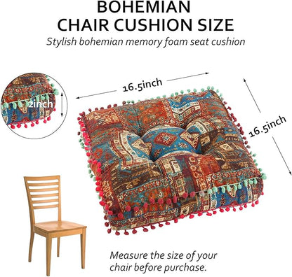 Bohemian Seat Cushion，Indoor & Outdoor 16.5" x 16.5" Seating Cushion for Dinning Chairs, Decorative with Tassels(4Pcs,Blue)