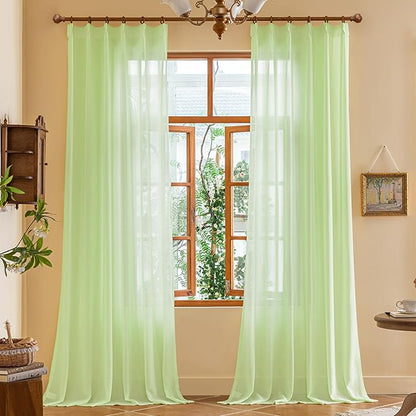 Green Pinch Pleat Sheer Curtains 96 Inches Long for Bedroom Soft Touch Lightweight Light Filtering 96 Inch Length Pleated Drapes with Ajustable Hooks for Living Room, Reed Green, 42"W x 96"L, 2 Panels