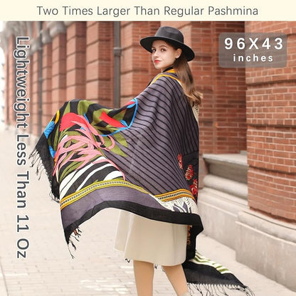 DANA XU 100% Merino Wool Extra Large Pashmina Blanket Travel Scarf Cashmere Wrap for Women Fall Winter Oversize Shawl Floral