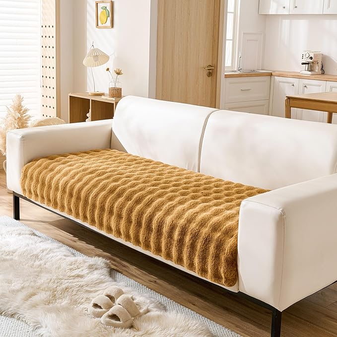 Faux Fur Couch Cover Fuzzy Soft Plush Thick Bubble Sofa Cover Luxury Sectional Couch Covers Luxury Anti-Slip Sofa Slipcover Washable Furniture Protector (Brown Yellow,28"x70")