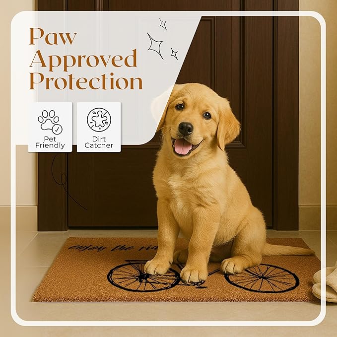 Coir Door Mats 17" X 30", Non-Slip Sturdy, PVC Backed Heavy Duty, Easy to Clean, Ideal for Door Entrance, Patio, Porch, Backyard, Garages, Enjoy The Ride Vintage Bicycle