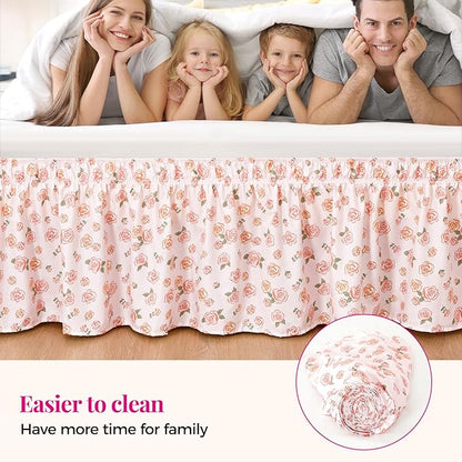 RIMELA Pastel Rose Bed Skirt Queen Size 15 Inch Drop, Elastic Bed Skirting for Bed Frame, Bedding Dust Ruffle Easy to Install, Lightweight Wrap Around Adjustable Bedskirt,Bedroom Decor