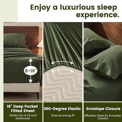 100% Linen Sheets Queen Size,Breathable & Durable 4-Piece Bed Flax Sheet Set,Soft All-Season Bedding for Hot Sleepers 16" Deep Pocket Oeko-TEX Certified,（Queen, Forest Green）