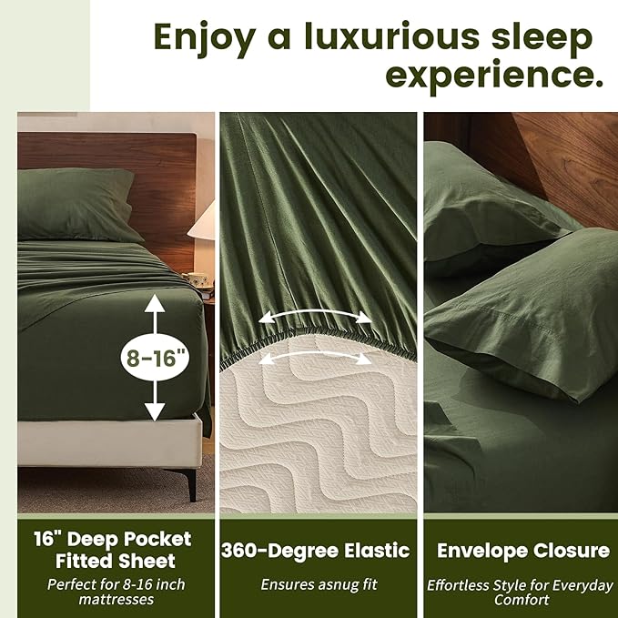 100% Linen Sheets King Size,Breathable & Durable 4-Piece Bed Flax Sheet Set,Soft All-Season Bedding for Hot Sleepers 16" Deep Pocket Oeko-TEX Certified,（King, Forest Green）