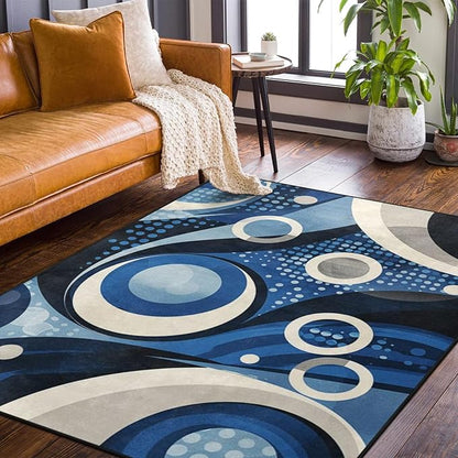 9CH Modern Wavy Circles Area Rug 7' X 5' Navy Blue Abstract Geometric Washable Rugs Non Slip Soft Modern Floor Carpet for Office Dining Room Home Decor