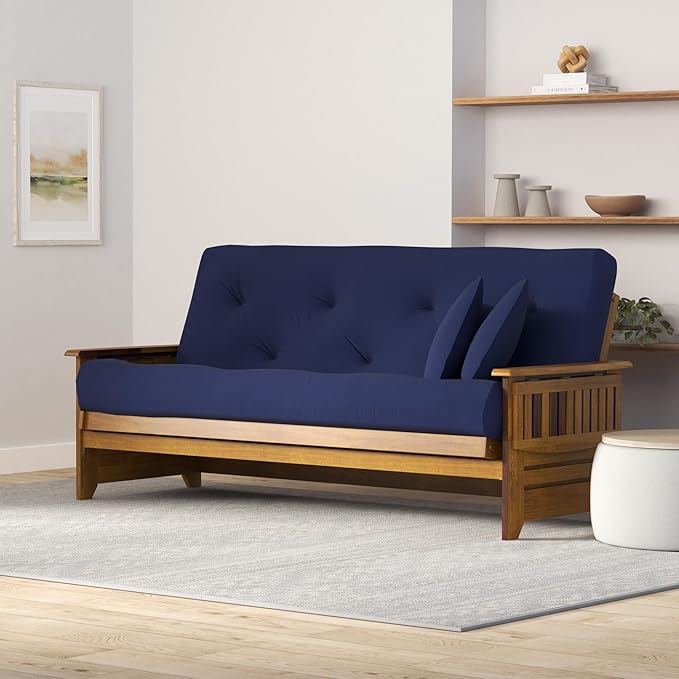 Nirvana Futons Brentwood Tray Arm Futon Sofabed Set - Full Frame, 8" Navy Blue Mattress, Rich Heritage Finish
