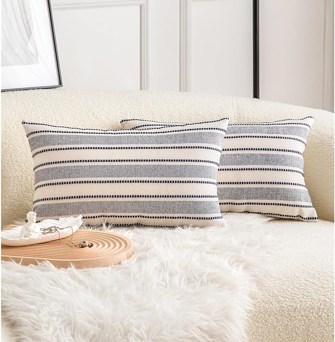 Decorative Boho Lumbar Throw Pillow Covers, Farmhouse Textured Pillow Case, 12 x 20 Inch Set of 2, Chair Sofa Bedroom Living Room Decor Couch Cushion Case, Navy Blue and Beige