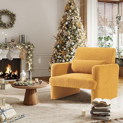 Gaussen Mid Century Modern Accent Chair - Sherpa Upholstered Armchair with Pillow, Oversized & Comfy for Living Room, Bedroom, Office, Cafe (Summer)