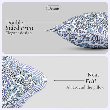 CPC Indigo Blue 100% Cotton Block Print Ruffle Sham Cover 20X30 inch Pack of 2, Handmade Boho Floral Pillowcase, Soft Decorative Queen Bed Pillow Cover for Bedroom Décor