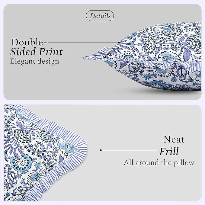 CPC Indigo Blue 100% Cotton Block Print Ruffle Sham Cover 20X36 inch Pack of 2, Handmade Boho Floral Pillowcase, Soft Decorative King Bed Pillow Cover for Bedroom Décor