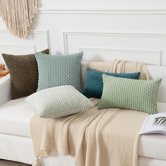 Kevin Textile 12x24 Inch Pillow Cover 1 Pack Boho Decorative Soft Striped Corduroy Lumbar Farmhouse Color Accent Rectangle Cushion Case for Living Room Couch Sofa Bed, Greyish Green