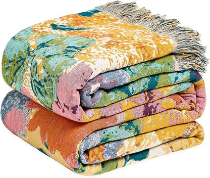 MSGKV Boho Throw Blanket for Couch 50"x60" Cotton Floral Blankets for Sofa Chair All Seasons Lightweight Muslin Breathable Farmhouse Home Decor