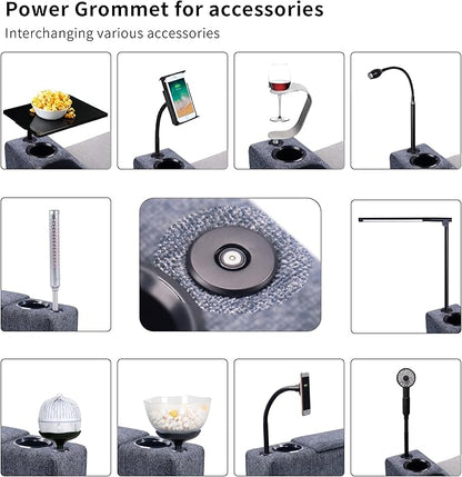 Removable Sofa Armrest, Dual Cup Holders Large Size Multifunctional Couch Caddy Storage Arm Rest with Power Wireless Charging Stand & LED Reading Light for Sofa Middle Seat Adjustable