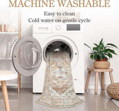 Lahome Boho 2x4 Rug Runner, Non-Slip Low-Pile Washable Kitchen Rugs Small Throw Bath Mat Runner, Oriental Accent Print Runners Area Runners for Hallway Bedroom Entryway Kitchen Living, Taupe