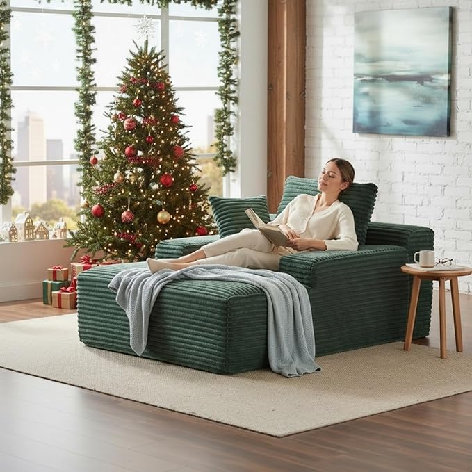 Chaise Lounge Chair Indoor, Oversized Comfy Fluffy Cloud Couch with Throw Pillows & Deep Seat, Modern Lounge Sleeper Couch with Armrests, Upholstered Sofa Bed Chair for Living Room, Green