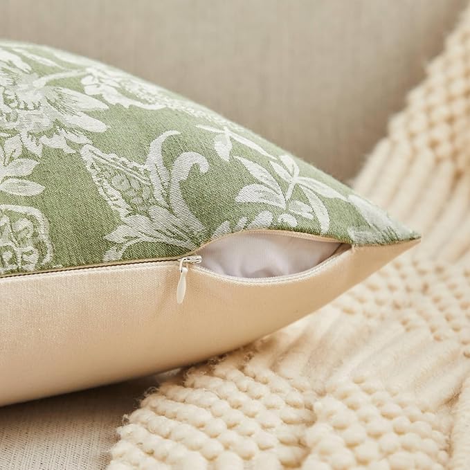 Floral Jacquard Throw Pillow Covers Set of 2, Background/Green 18x18 Inch, Farmhouse Decorative Cotton Sage Green Cushion Covers for Sofa Bed Living Room Home Decor