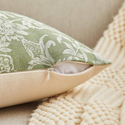 Floral Jacquard Lumbar Throw Pillow Covers Set of 2, Background/Green 12x20 Inch, Farmhouse Decorative Cotton Sage Green Cushion Covers for Sofa Bed Living Room Home Decor