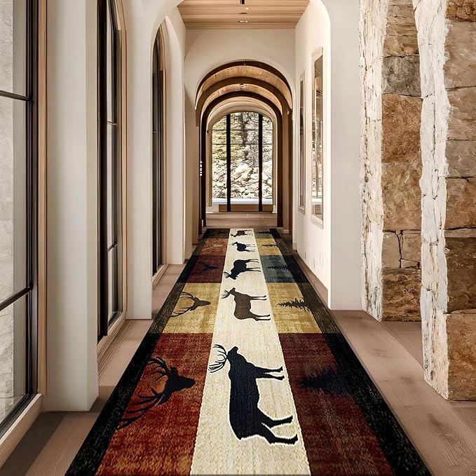 Colorful Elk Pine Tree Bohemian Hallway Rug 2x6ft with Checkered Texture - Retro Washable Kitchen Mat, Non-Slip Floor Decor for Dining Room Balcony, Canvas Art Style