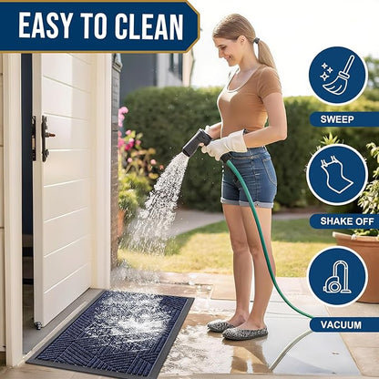 Smiry Front Door Mat Outside Entrance, Heavy Duty Sturdy Natural Rubber Doormat, Trap Dirt and Moisture, Easy Clean Low Profile Mats for Indoor Outdoor Entry, Irregular Triangle (59x24, Navy Blue)
