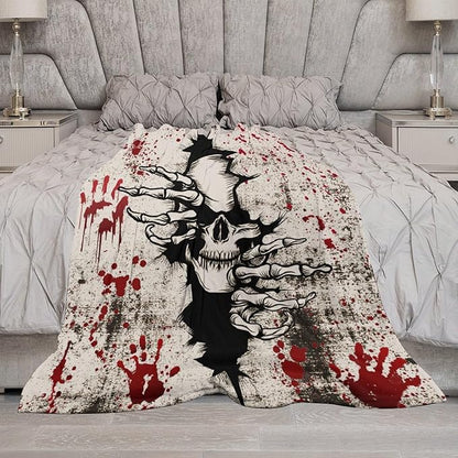 Horror Skull Throw Blanket, Halloween Day of The Dead Vintage Gothic Scary Blood Hand Soft Warm Fleece Blanket for Bed Couch Living Room All Season, 40"x50"