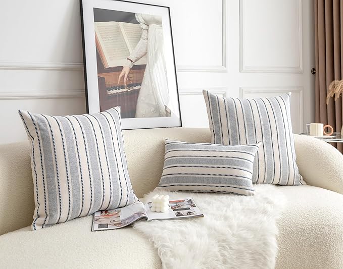 Decorative Boho Throw Pillow Covers, Farmhouse Textured Pillow Case, 18 x 18 Inch Set of 2, Chair Sofa Bedroom Living Room Home Decor Couch Cushion Case, Classic Blue and Beige Striped