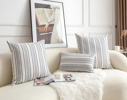 Decorative Boho Throw Pillow Covers, Farmhouse Textured Pillow Case, 18 x 18 Inch Set of 2, Chair Sofa Bedroom Living Room Home Decor Couch Cushion Case, Classic Blue and Beige Striped