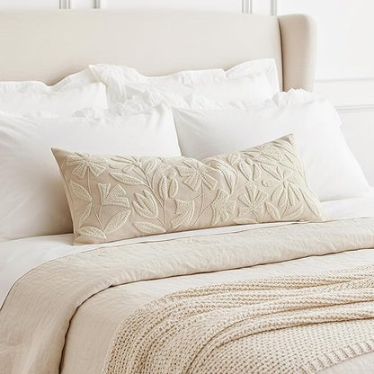 BlissBlush Light Beige Velvet Decorative Long Lumbar Pillow Cover 14x36, Neutral Floral Soft Body Pillow for Bed, Accent Lumbar Throw Pillow for Bedroom, Modern Farmhouse Textured Pillowcase