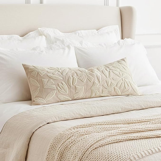 BlissBlush Light Beige Velvet Decorative Long Lumbar Pillow Cover 14x36, Neutral Floral Soft Body Pillow for Bed, Accent Lumbar Throw Pillow for Bedroom, Modern Farmhouse Textured Pillowcase