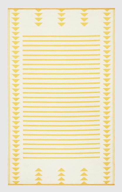 FH Home Outdoor Rug - Waterproof, Fade Resistant, Crease-Free - Premium Recycled Plastic - Geometric - Patio, Porch, Deck, Balcony - Hampton Stripe - Yellow Crease Free - 5 x 8 ft