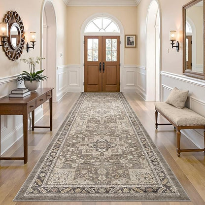 Vintage Hallway Runner Rug 3x10: Large Soft Washable Entryway for Kitchen Laundry Room Non-Slip Backing Runner for Entrance Living Room Bedroom Bathroom - Brown