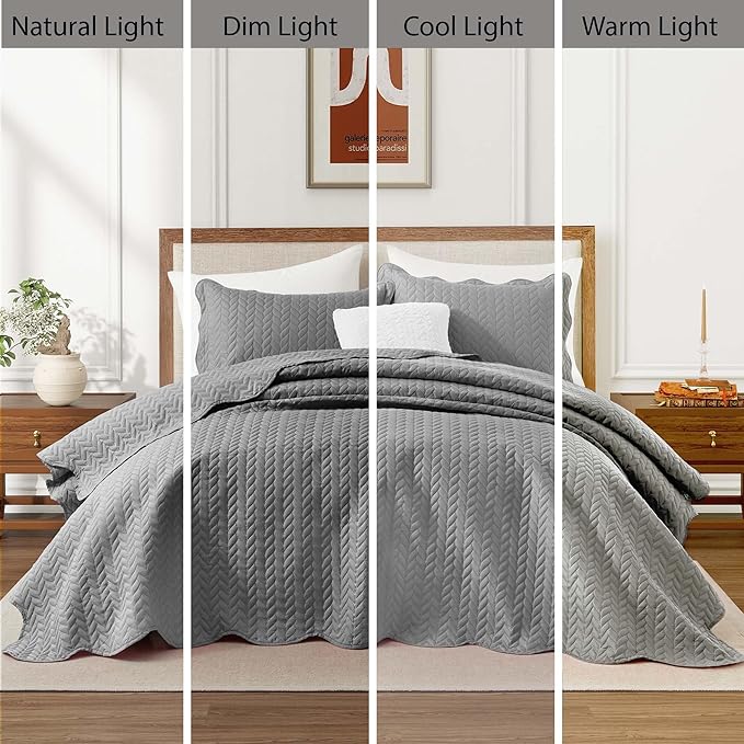 IR Imperial Rooms Queen Quilt Bedding Set Size (90" x 96") + 2 Pillow Shams (20" x 26"+ 2") - 3 Pcs All Season Lightweight Reversible Microfiber Coverlet Embossed Quilt Bedspread (Grey)