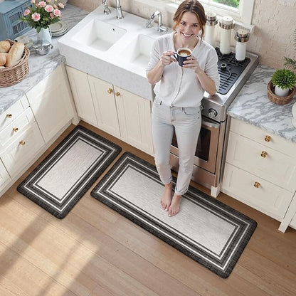 KIMODE Anti Fatigue Kitchen Mat 2PCS,Kitchen Rugs Non Slip Rubber Backing,Waterproof Farmhouse Kitchen Mat for Floor,Cushioned Standing Mat for Office,Laundry,Sink,Desk,Black and Grey