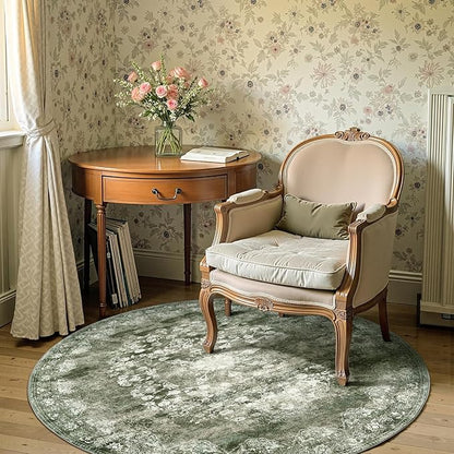 jinchan Round Rug 5ft Area Rug - Green Vintage Floor Mat Kitchen Indoor - Washable Circle 5' Thin Floral Print Christmas Carpet Retro Farmhouse Non Slip Dining Room Living Room Bedroom Office