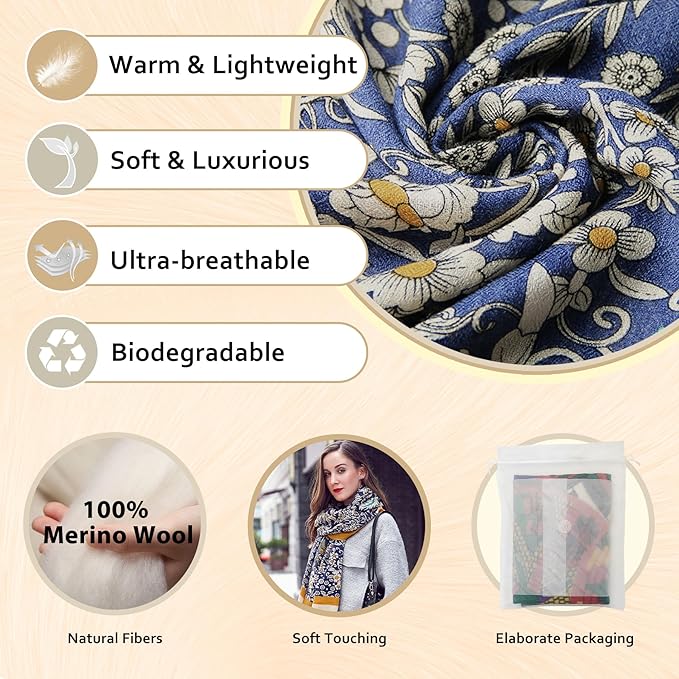 DANA XU 100% Merino Wool Pashmina Shawl for Women 96"x43", Oversized Cashmere Wrap with Tassels, Floral Travel Blanket Cape