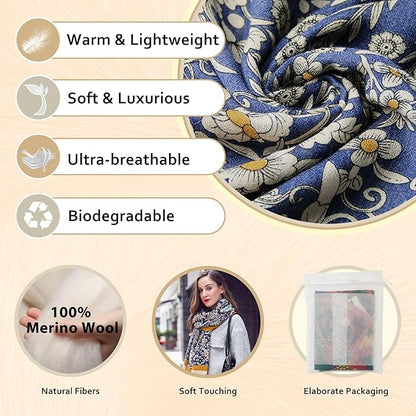 DANA XU 100% Merino Wool Pashmina Shawl for Women 96"x43", Oversized Cashmere Wrap with Tassels, Floral Travel Blanket Cape