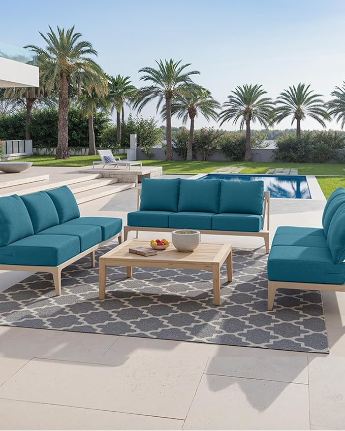 Luxury 24x24x6 Inch Patio Chair Cushions Set of 3 - Memory Foam Deep Seat Water-Resistant Patio Cushion for Lawn Dining Rocking Swivel Chairs Loveseat 3-Seater Sectional Sofa - Peacock Blue