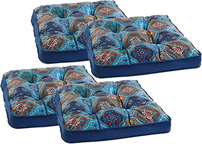 Bohemian Square Seat Cushions for Kitchen Dining Living Tea Room,16.5" x 16.5" Printing Velvet Chair Pads with Non-Slip Ties, 4Packs, Blue