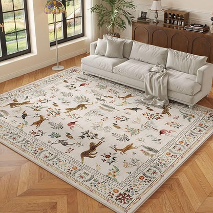 Rugcomf Area Rugs 9x12 Living Room Clearance Washable Boho Rug Non Slip Floral Animal Vintage Low Pile Large Rug for Living Room, Bedroom, Farmhouse, Dining Room, Kids Playroom (Beige)