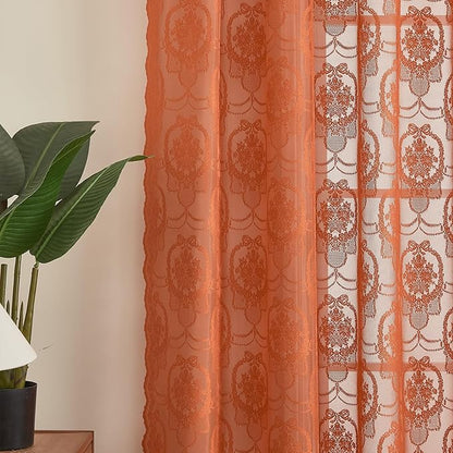 Burnt Orange Lace French Delicacy Curtains 63 Inches Long -Rod Pocket Luxury Vintage Bow Butterfly Sheer Flower Lace Curtains for Living Room Bedroom，52 x 63 Inch, 2 Panels